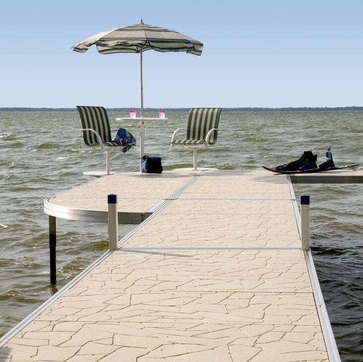Shoremaster rs4 aluminum sectional dock with tan vertex decking, Otter Tail Lake MN