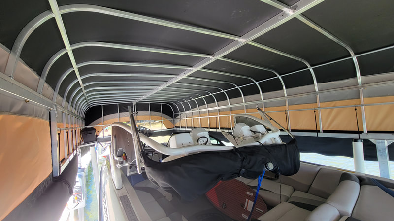 ShoreMaster TowerMaxx Canopy System interior view  with cover on, tower in the lowered position.