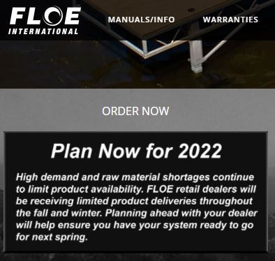 FLOE Docks and Lifts Shortage Screenshot from website dated September 2021