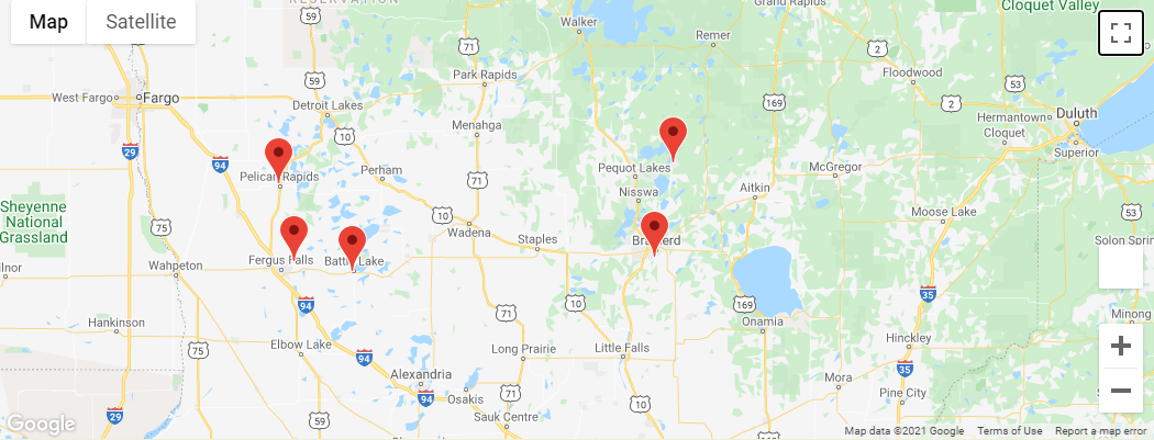 Map showing Lake Area Docks & Lifts' five Minnesota locations